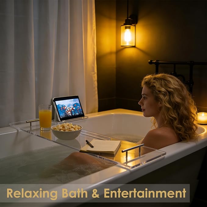 Bathtub Tray, Bath Tray for Tub, Acrylic Bath Caddy Tray for Bathtub, for Tub Luxury Spa with Tablet Slots and Wine Glass Hole, Bathroom Accessories for Decorative Bathtubs (39.4 * 9.45in)