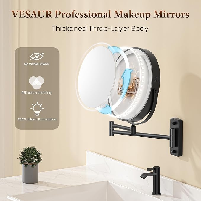 9" Large Wall Mounted Lighted Makeup Mirror, 5000mAh Rechargeable 1X/20X Magnifying Mirror with 3 Color Lights Touch Dimmable, Extended Arm 360° Swivel Bathroom Wall Mounted Makeup Mirror,Black Nickel