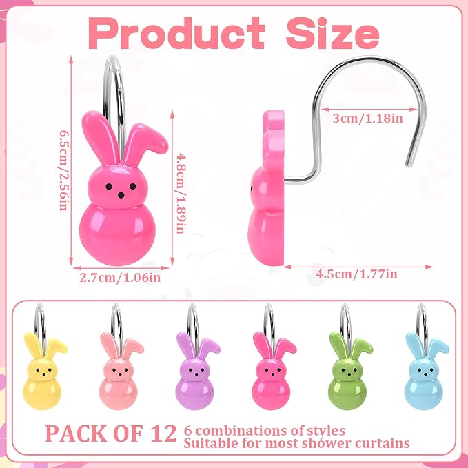 Easter Shower Curtain Hooks, 12Pcs Stainless Resin Bunny Rings | Perfect Festive Bathroom Decor, Elevates Living Room, Charming Bedroom Accents，Stainless Steel Hooks,Crafted Premium Resin
