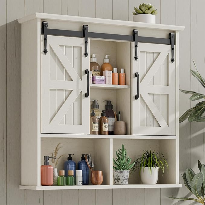 Vabches Bathroom Wall Cabinet, Farmhouse Medicine Cabinet, White | Wooden Vintage Storage Cabinet Wall Mounted with Double Sliding Barn Door and Adjustable Shelf for Bathroom, Kitchen