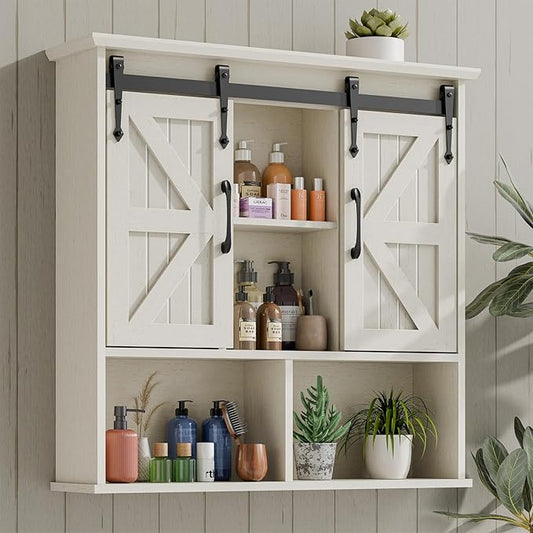 Vabches Bathroom Wall Cabinet, Farmhouse Medicine Cabinet, White | Wooden Vintage Storage Cabinet Wall Mounted with Double Sliding Barn Door and Adjustable Shelf for Bathroom, Kitchen