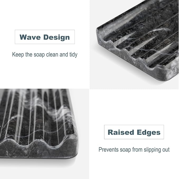 Karibiber Marble Soap Dish, Bar Soap Holder Shower, Black Soaps Bathroom Saver with Water Ripple Design, Easy Cleaning Natural Stone Sponge Holder for Kitchen Sink, Executive Jewelry Ring Tray