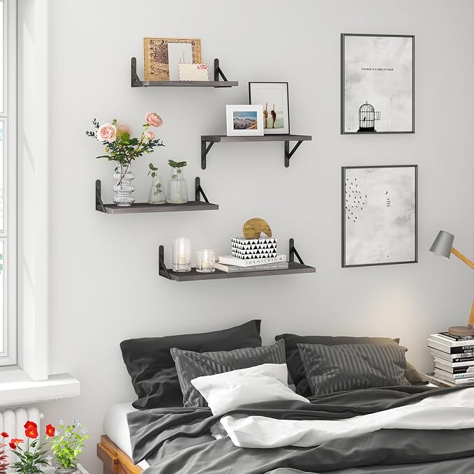 YGEOMER 4 Different Sizes Floating Shelves for Wall Decor, Weathered Gray | Rustic wood shelves in mixed sizes for flexible combined storage. Fits bathroom, kitchen, living room, bedroom and office.