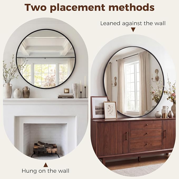 Sweetcrispy 30 Inch Round Wall Mirror, Bathroom Mirrors for Over Sink | Matte Metal Framed, Wall Decor for Bedroom, Entryway, Anti-Rust, Tempered Glass, Hanging or Leaning, Black