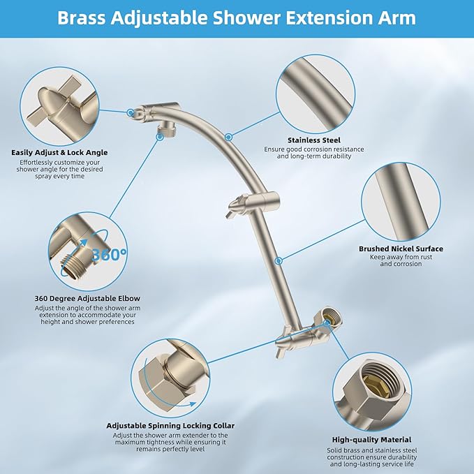 Hibbent All Metal 10'' Rain Shower Head, 16'' Extension Arm, Brushed Nickel | cUPC Certified High Pressure Rainfall Showerhead with Solid Brass Adjustable Shower Head Extension Arm, Fixed Showerheads