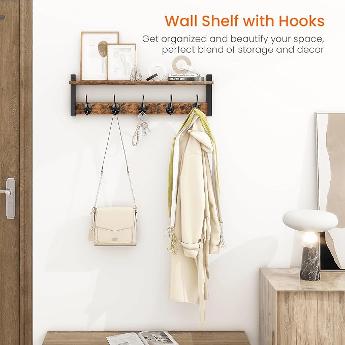 Coat Rack with Wall Mount, 24 Inch Long Entryway Wall Shelf with Hooks, Wood Hanger with Storage Shelf for Bathroom, Hallway, Rustic Brown Black