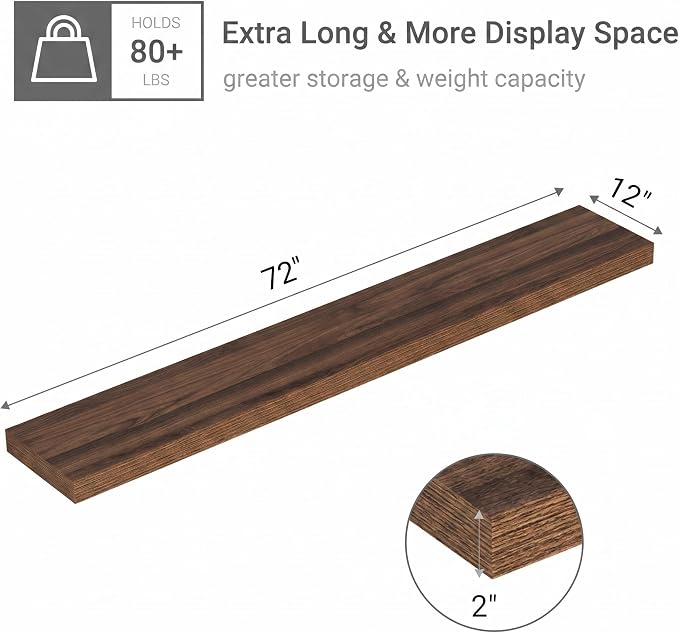 Vivelove Deep Floating Shelves 72x12” Set of 1, Walnut | Easy Install With Hardware, 2" Thick, Invisible Brackets, Wall Mounted, No Sagging, For Any Room