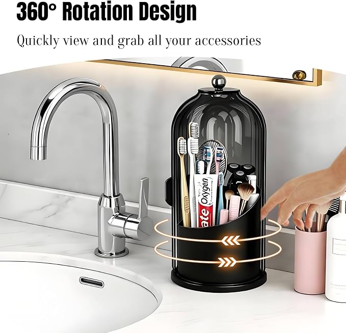 JEESA Dustproof Toothbrush Holder with Cover, All Black | 360° Rotating, 180° Sliding Lid, 3 Slots, Toothbrush Organizer, for Bathroom Countertop