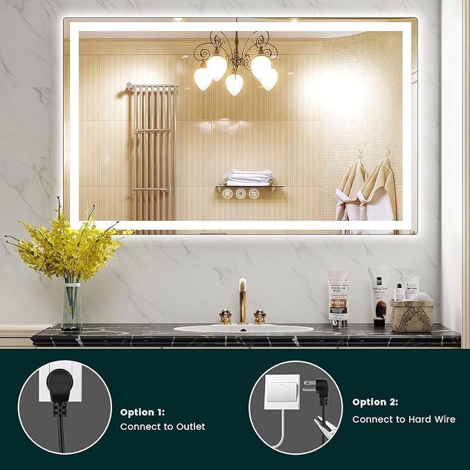 36" x 60" LED Bathroom Mirror with Lights, Memory Vanity Mirror | Anti-Fog, 3 Color Modes, Dimmable, Front Lit, Memory Function, Tempered Glass, Lighted Bathroom Mirror for Wall