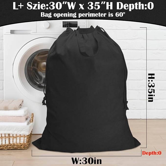 Heavy Duty Canvas Laundry Bag with Handles & Drawstring 30"Wx35"H, L+ Black | Thick Canvas Storage Bag, Large Washable Dirty Clothes Travel Sack for Camp, College Dorm, Laundromat, 1 Pack