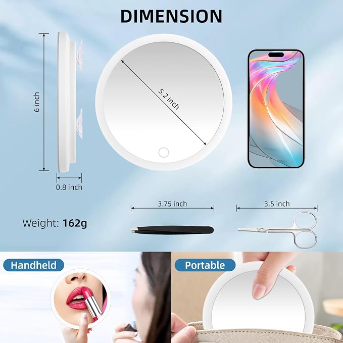 20X Magnifying Mirror with Lights, 20X Magnified Mirror with 3 Suction Cups | 6inch Travel Size, Rechargeable Magnification Mirror with 3 Color Lights Adjustable Brightness - Includes Tweezers & Scissors
