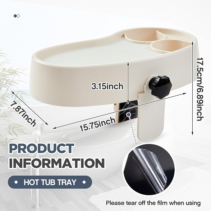 2 Pcs Hot Tub Table Tray, Adjustable Aboveground Bathtub Tray with 2 Cup Holder, Between 2'' to 7.5'' Nonslip Hot Tub Accessories Shelf Drinks Snacks Phone Holder for Spa Bathtub (Ivory White)