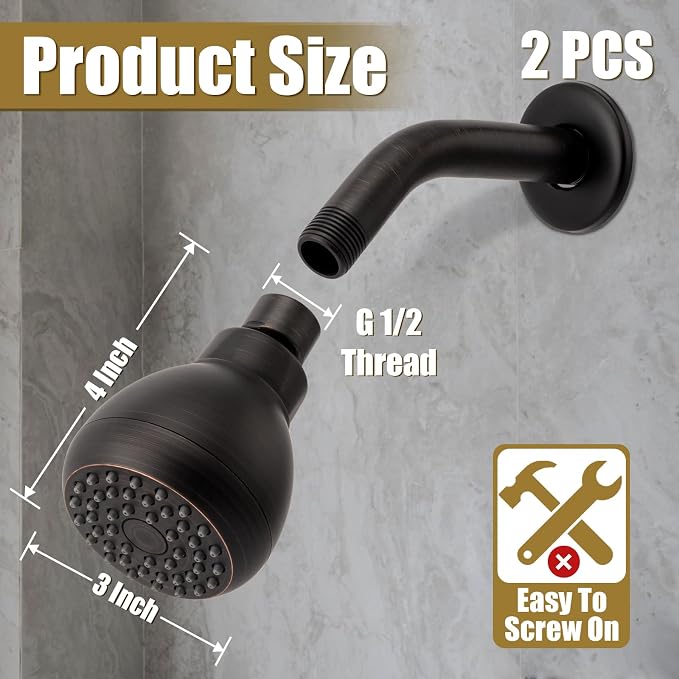 AISOSO Fixed Shower Head High Pressure 2PCS 3" Showerhead Oil Rubbed Bronze | 360 Rotatable Design, Self Cleaning Silicone Nozzles, Adjustable Swivel Brass Ball Joint for Relaxing and Comfortable Shower