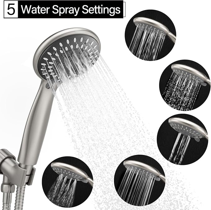 Handheld Shower Head High Pressure 5-Settings with Hose, Matte Black | Powerful Water Spray, Against Low Pressure Water Flow, 59 Inch Stainless Hose, Adjustable Mount