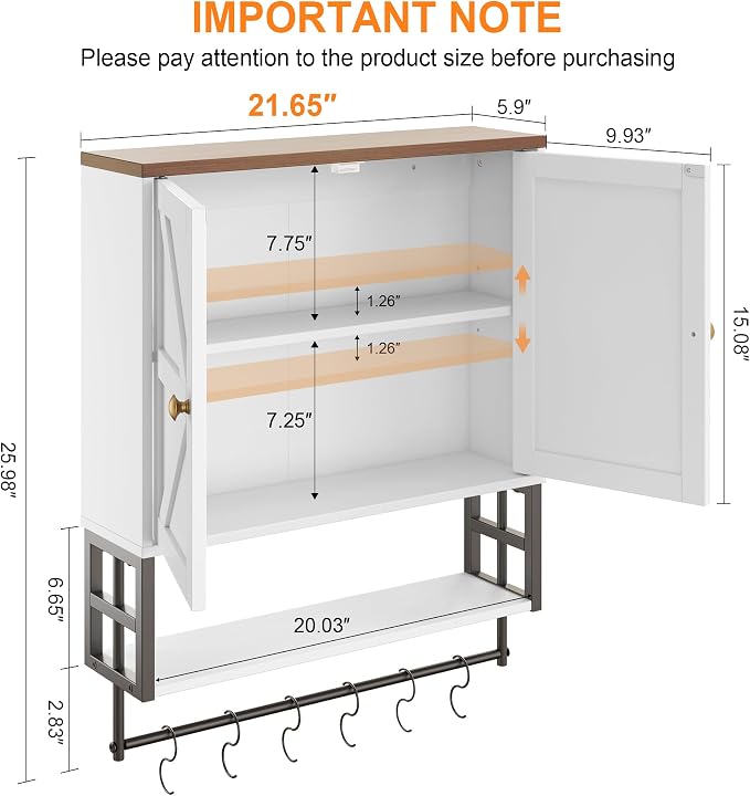 Wall Mounted Bathroom Storage Large Farmhouse Medicine Cabinet | 2 Doors & Adjustable Shelves 5 Hooks, 3-Tier for Over-Toilet, Laundry, Living, Bedroom, Kitchen, Space Saving