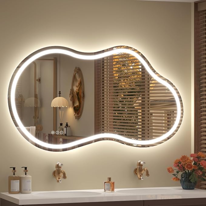 48x26 Inch Irregular LED Lighted Bathroom Vanity Mirror | Asymmetrical, Cloud-Shape, Anti-Fog, Dimmable, Front lighted + Backlit, Memory, 3 Colors, Shatterproof(Horizontal/Vertical)
