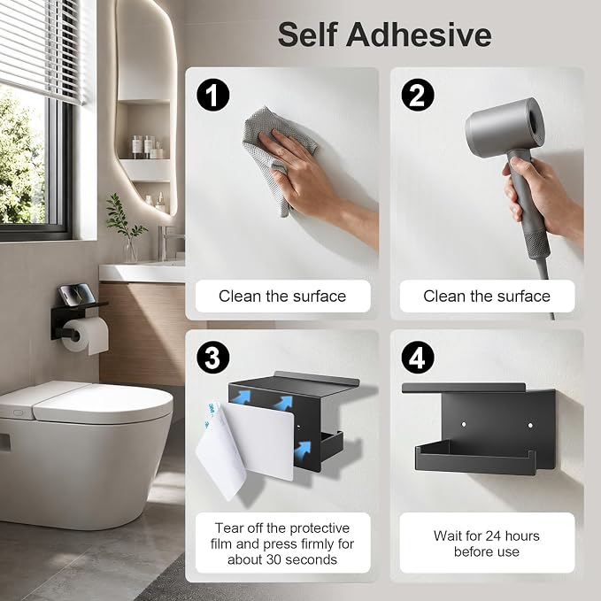 Matte Black Toilet Paper Holder with Shelf | No-Drill Adhesive Wall Mount, Rustproof，For Bathroom, Washroom, RV, Kitchen, Washroom, Convenient Storage Shelf