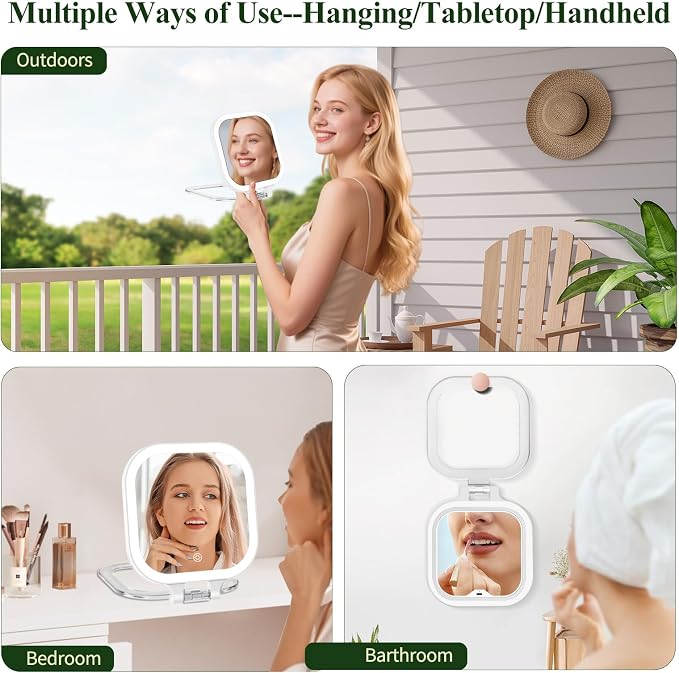 FUNTOUCH Rechargeable 7" Travel Makeup Mirror 30X Magnification,White | Double Sided Magnifying Mirror with Tweezers/Hook/Bag, 3 Color Lights & Adjustable Brightness, 300°Rotation , Gift for Women