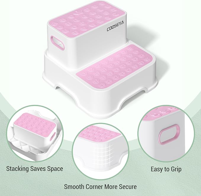 2 Step Stools for Kids,Toddler Step Stool for Bathroom Sink,No-Slip Double up Stepping for Toddlers, Multifunctional Toilet Potty Stool for Kids,Toilet Potty Training(2 Packs)（Pink）