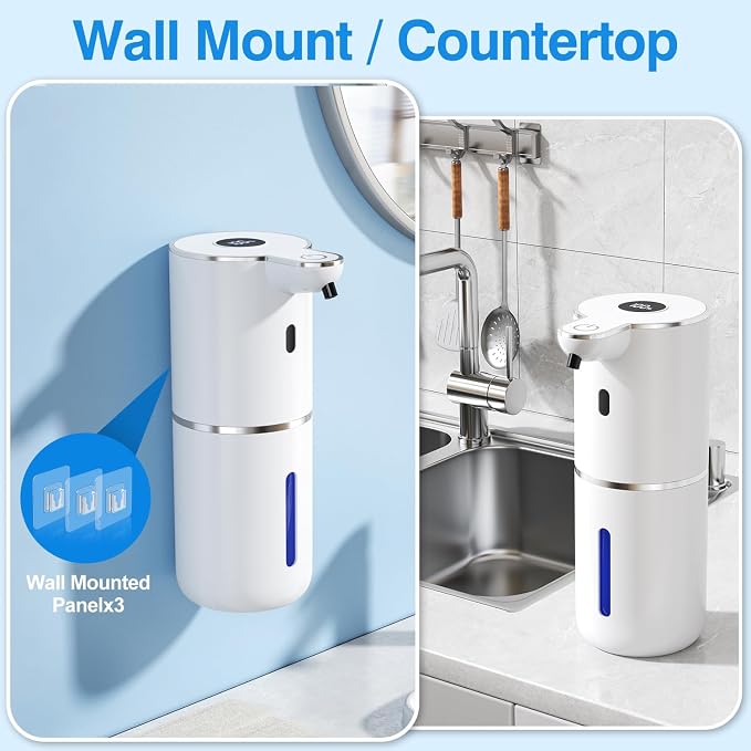 Fachixy Automatic Liquid Soap Dispenser Touchless, Smart Digital Display | 12.8oz/380mL, Up to 90 Days Battery Life, 6 Adjustable Level, Rechargeable, Wall Mountable IPX5 for Kitchen & Bathroom, White
