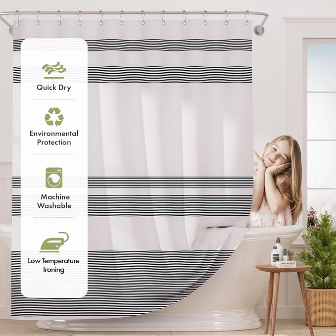AmazerBath Navy Blue Shower Curtain, Blue and White Striped Bathroom Shower Curtain with 12 Shower Curtain Hooks, Rustic Fabric Blue and White, 72x72 Inches
