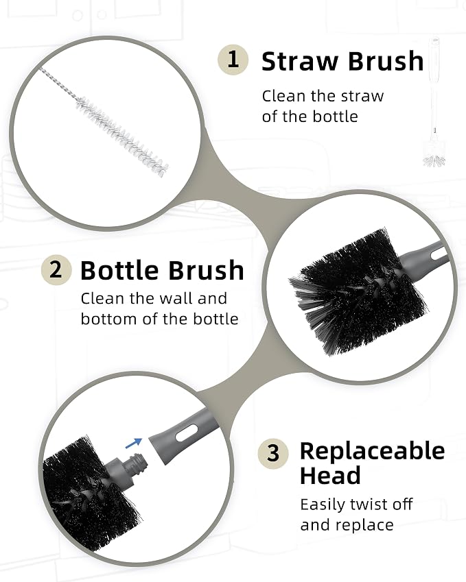 ROSEOK 2 in 1 Bottle Brush with Straw Cleaner Brush, Water Bottle Brush | For Cleaning Glass, Sports Bottle, Coffee Mug, Cup Cleaner, Black, 1 Pack