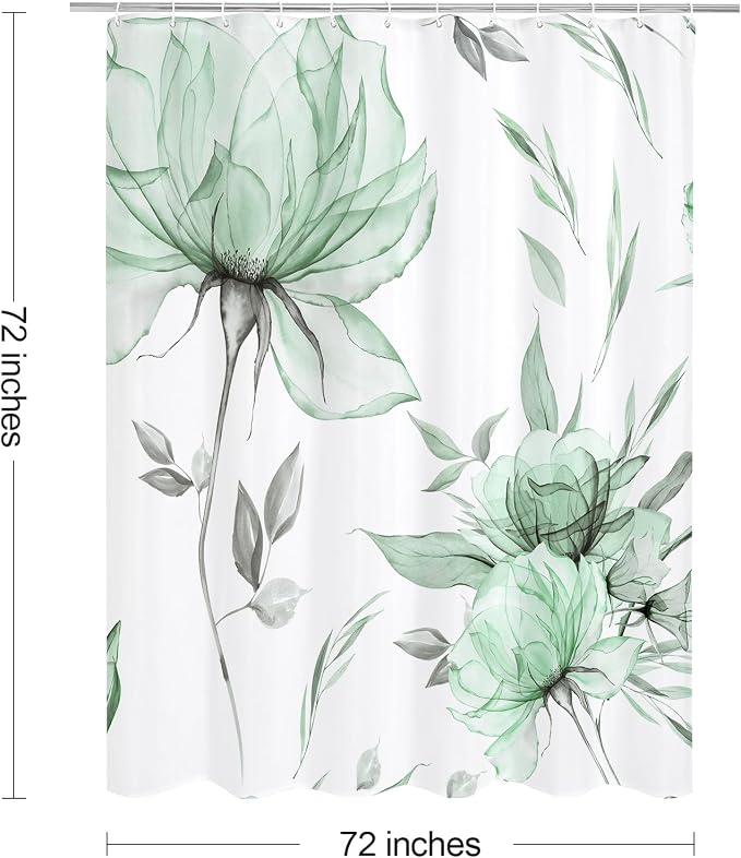 Litabel Green and Grey Boho Watercolor Floral Shower Curtain, Ink Painting Style Blossom & Leaf Shower Curtains for Chic Elegant Bathroom, Artistic Fabric Cloth Flower Shower Curtain, 72x72
