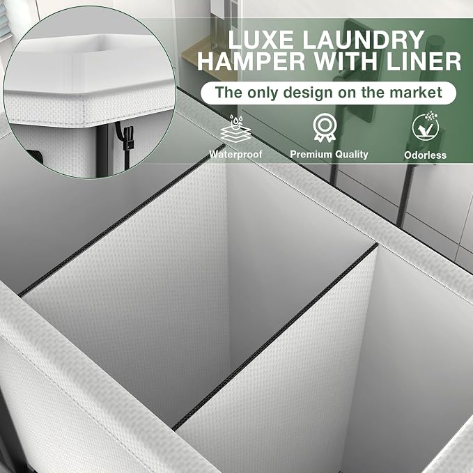 Laundry Basket with Lid, 230L Rolling Laundry Hamper with Wheels,White | Dirty Clothes Hamper with Metal Frame and Removable Bag Design, Suitable for Laundry Room, Bedroom(3 Section)