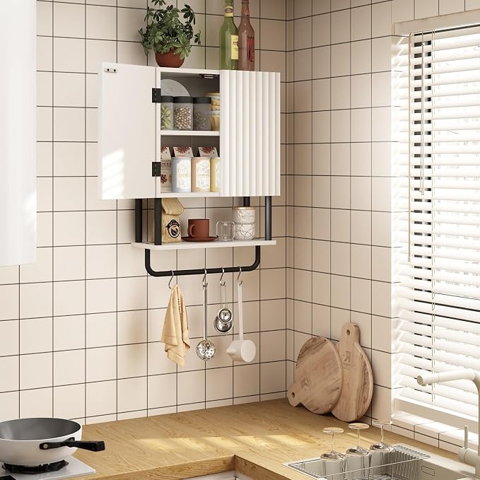 RUSTOWN Fluted Bathroom Wall Cabinet with 2 Doors, 3-Tier Medicine Cabinet | Modern Farmhouse Wall Mounted Cabinets, Over The Toilet Storage Cabinet, Adjustable Shelf and Towel Bar, Small