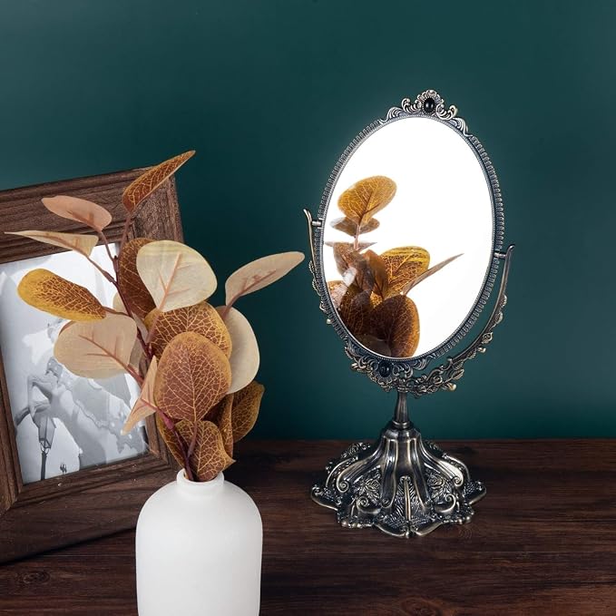 Feyarl Small Metal Vintage Makeup Mirror Floral Tabletop Oval Vanity Swivel Double Sided Mirror with Stand Elegant Decorative for Dressing Room Bedroom (Bronze)