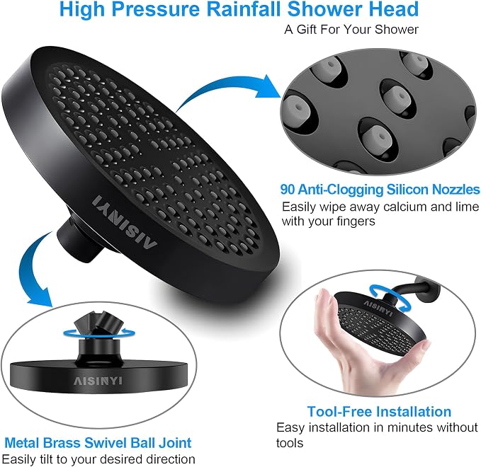 6" High Pressure Rain Shower Head, Luxury Matte Black Finish | 6 Inch Fixed Bathroom Showerhead, Adjustable Replacement, 90 Anti-Clog Nozzles, Removable Restrictor, Tool-Free Easy Install