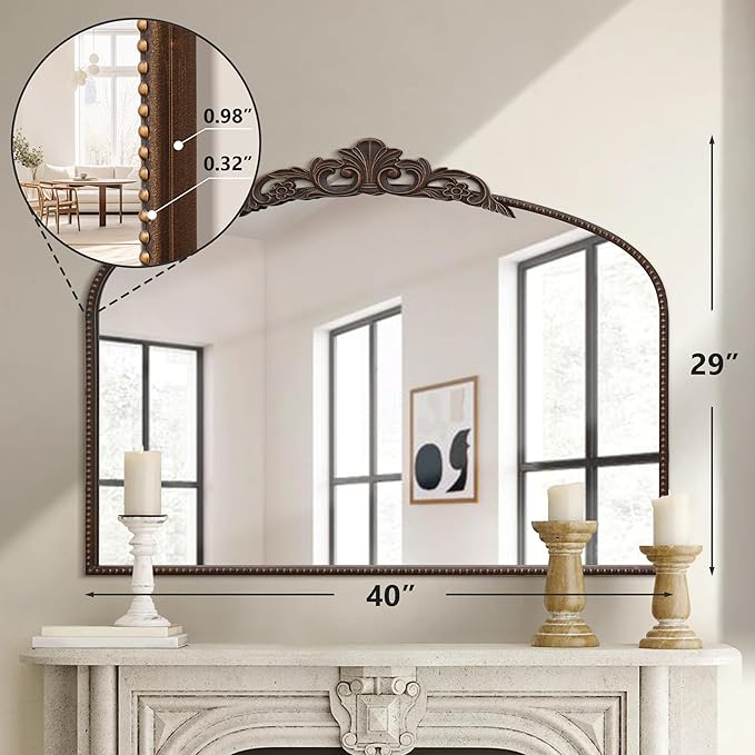 Micasso Vintage Bronze Wall Mirror: 40"x29" Baroque Antique Arched Mirror | Traditional Ornate French Decorative Mirror for Bedroom/Bathroom/Fireplace/Entryway/Hallway/Dresser/Vanity/Mantel/Nightstand