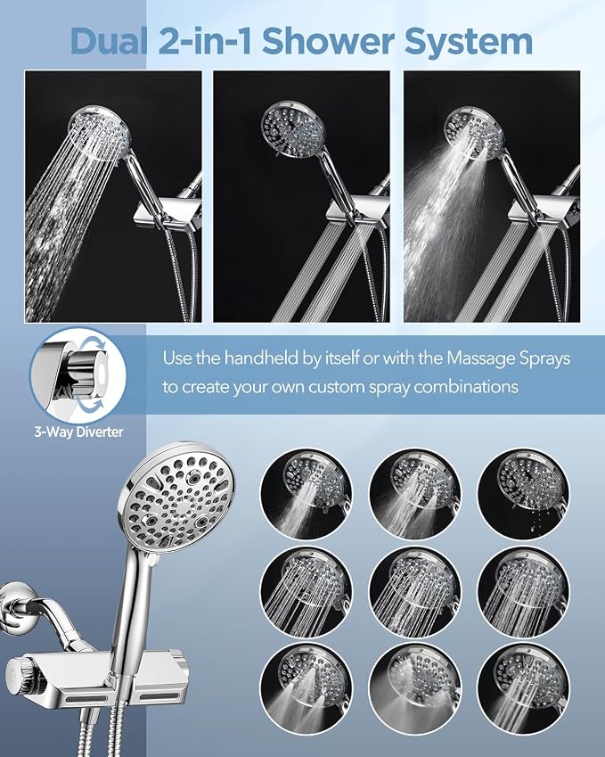 MakeFit Filtered Shower Head with Handheld Combo - Dual 2-in-1 Spa System with Massage Shower and 10 Modes Hand Held Shower High Pressure with Built in Power Wash Mode (Chrome)