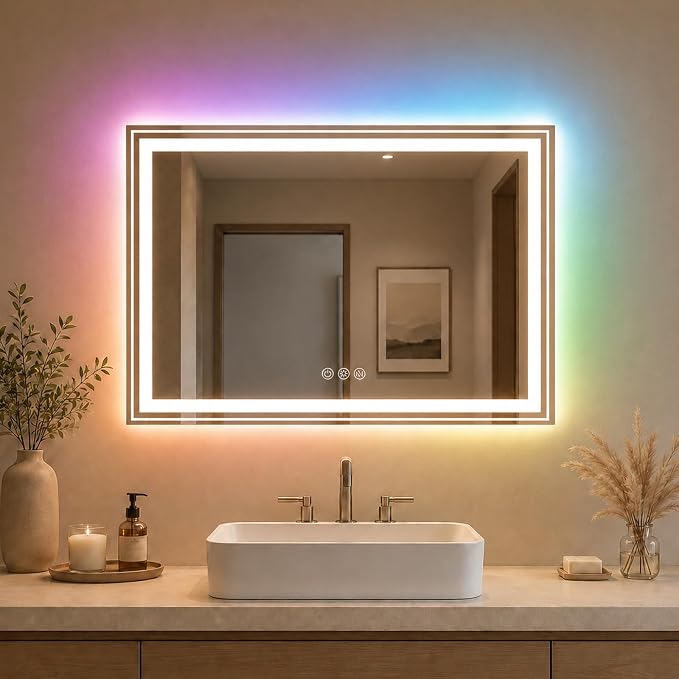 Snowdool LED Mirror for Bathroom, 55"X36" with 8 RGB Backlit +3 Front Lit (Adjustable Individually), Anti-Fog, Large Lighted Bathroom Vanity Mirror for Wall,Shatterproof,Memory Function,Tempered Glass | 8 RGB Backlight Modes, 3 Front Light Colors, Anti...