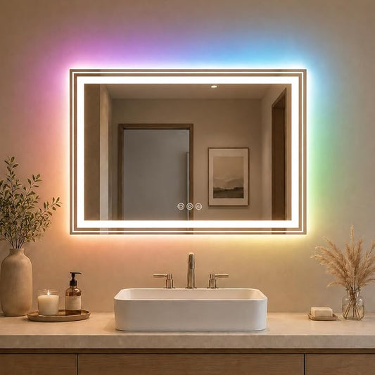 Snowdool LED Mirror for Bathroom, 55"X36" with 8 RGB Backlit +3 Front Lit (Adjustable Individually), Anti-Fog, Large Lighted Bathroom Vanity Mirror for Wall,Shatterproof,Memory Function,Tempered Glass | 8 RGB Backlight Modes, 3 Front Light Colors, Anti...