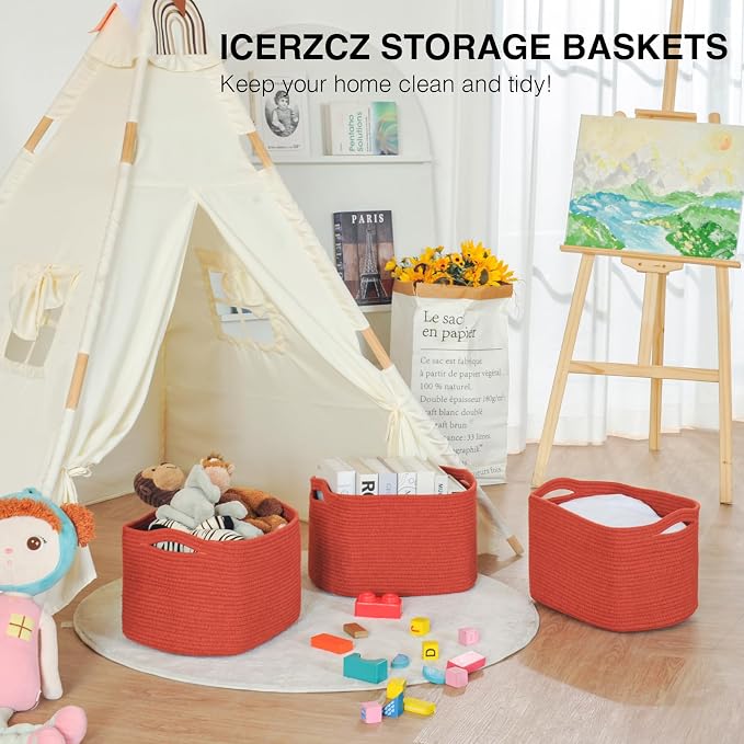 ICERZCZ Storage Baskets for Organizing, Storage Basket for Shelves, Toy Towel Basket for Bathroom Nursery, Woven Cotton Rope Baskets for Decor, 15"x11"x9.5", 3 Packs, Brick Red