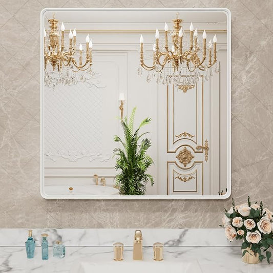 LOAAO 36x36 Inch White Metal Framed Bathroom Mirror | Rounded Rectangle Mirror, Anti-Rust, Tempered Glass, Hangs Horizontally or Vertically