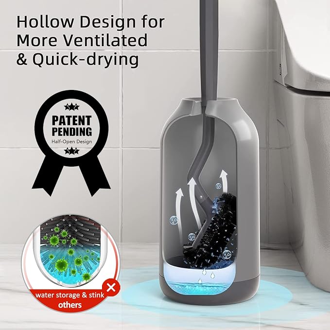 HAMITOR Toilet Bowl Brush Holder Set, Dead Corner S-Shaped Bristle Scrubber | Curved Bristles Clean under Rim and Corners, Ventilated Holder Dries Fast, Long Ergonomic Handle, Soft Grip, Saves Space, Rv
