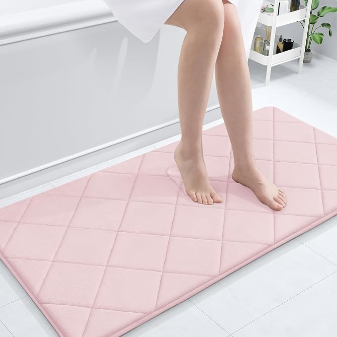 OLANLY Memory Foam Bath Mat 44x24, Ultra Soft and Absorbent Bathroom Rugs | Pink, Quick Dry, Machine Washable Shower Bath Rugs, Comfortable Bath Carpet for Bathroom Floor, Tub and Shower