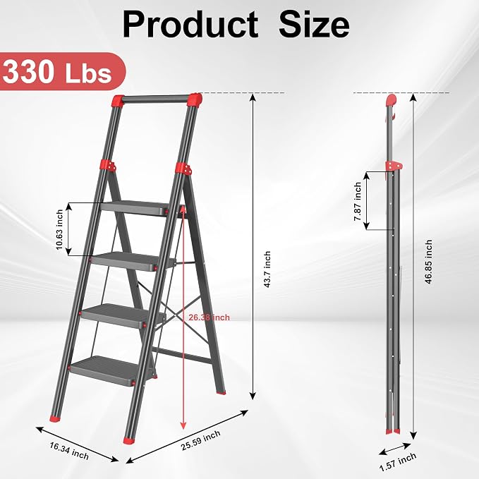 Foldable Step Ladder Stool for Home,4 Step Stool with Wide Anti-Slip Pedal, Heavy Duty 600Lbs Ladder for Indoor Kitchen Closet Stair Use,Black Red