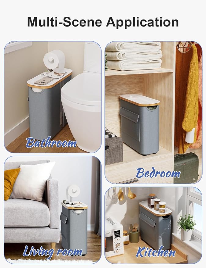 Toilet Paper Basket with Holder, Tray and Bamboo Frame, 12 Rolls, Gray | Waterproof Oxford fabric, privacy pocket, viewing window and suction-cup base for 9 mega or 12 regular rolls plus 1 in use