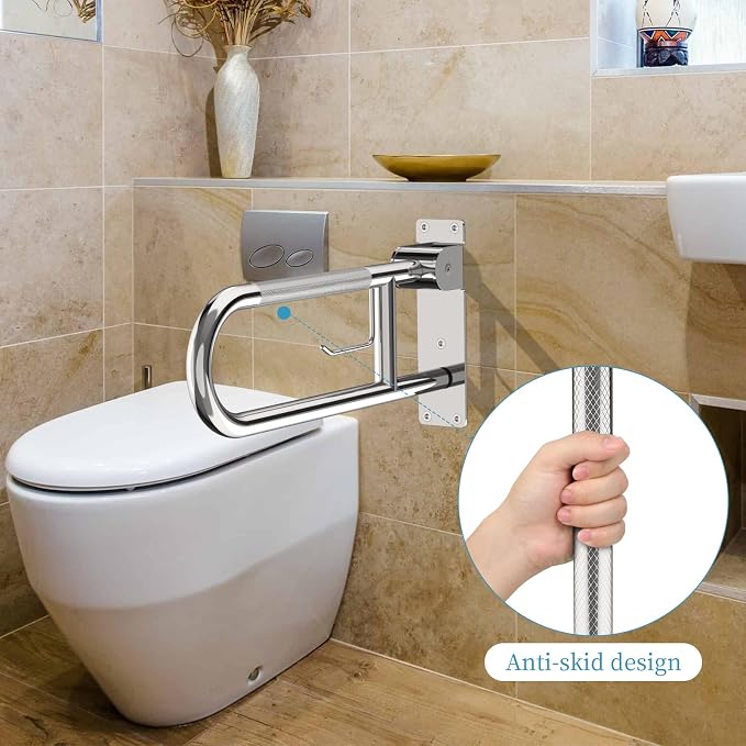 Flip-Up Toilet Grab Bar 24 Inch Chrome, Munzong Handicap Grab Bars | Anti-Slip Bathroom Safety Rails Stainless Steel Knurled Support handrails for Seniors Elderly Disabled Pregnant