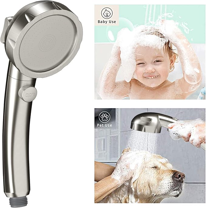 Brushed Nickel High Pressure Handheld Shower Head with ON/OFF Switch, 3 Spray Modes, Adjustable Angle Bracket, and Hose | 3 Spray Modes Shower Wand with Shut Off Button, Camper & RV Showerhead with Hose & Angle Adjustable Bracket, Brushed Nickel