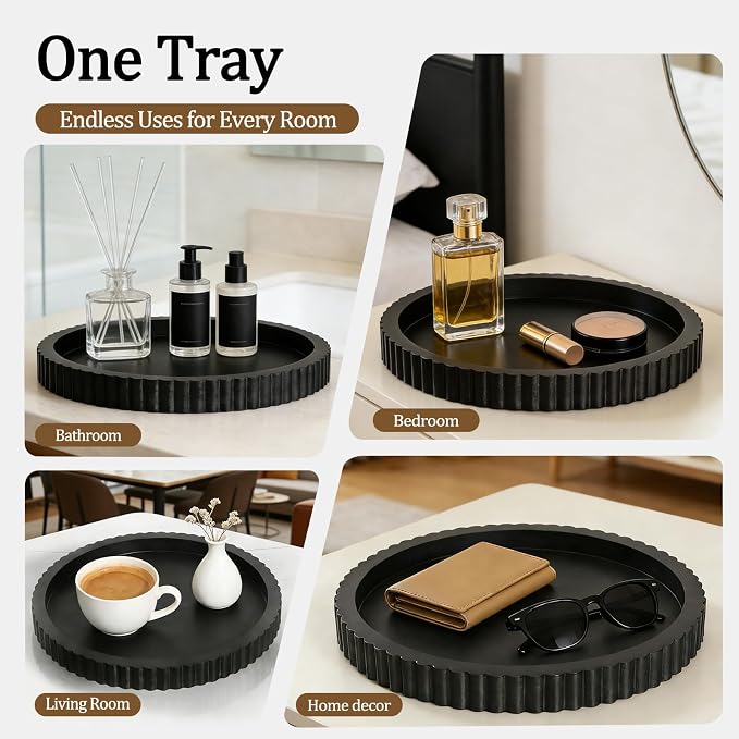 Handmade Decorative Tray for Coffee Table, 12in Black Round Tray | Wood Coffee Table Tray Decor, Candle Centerpiece Tary, Perfume Organizer Tray for Living Room, Kitchen, Bedroom & Bathroom