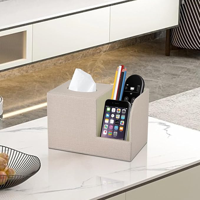 PU Leather Square Tissue Box Cover,Multifunctional Tissue Box Holder,Tissue Box with Storage,Tissue and Remote Control Holder,Tissue Box Decorative Desk Organizer for Home&Office,Beige
