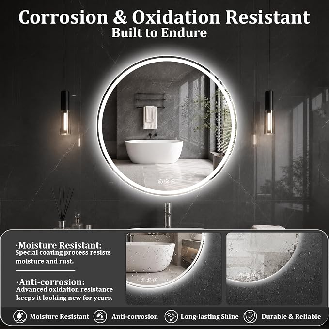Round LED Bathroom Mirror, 24 Inch, HD Shatterproof Tempered Glass | Lighted Bathroom Mirror with Dimmable Lights Bathroom Mirror with Lights for Wall, 3 Color Temperatures
