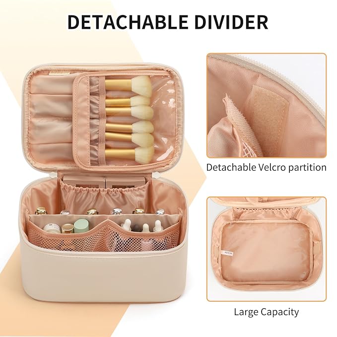 Beige Makeup Bag,Travel Makeup Organizer Bag, Large Capacity Cosmetic Bags For Women Large Travel Toiletry Bag Girls Traveling With Brush Slot And Divider-White