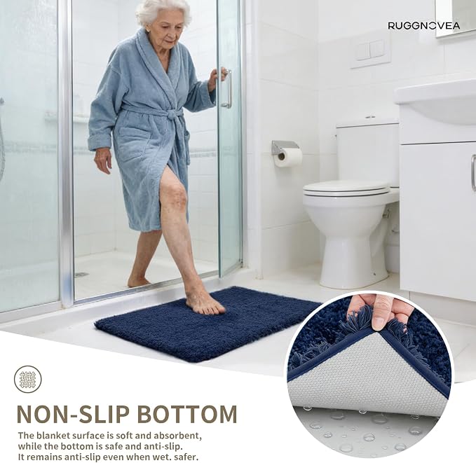Bathroom Rugs Non Slip Washable 48x24, Ultra Thick Soft Microfiber Absorbent Bath Mats, High Density Foam Latex Non Slip Backing Bath Rugs, Fluffy Floor Carpet for Tub&Shower, Navy