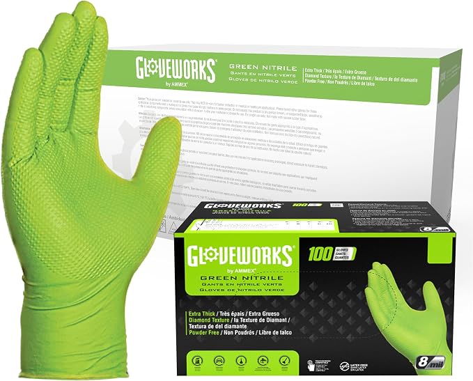 GLOVEWORKS Green Nitrile Gloves 8 Mil Heavy Duty Texture Chemical Resistant | Mechanic and Cleaning Gloves, Suitable for Heavy Duty Industrial Use, Chemical Resistant, HIgh-Visibility Color, Bulk Options