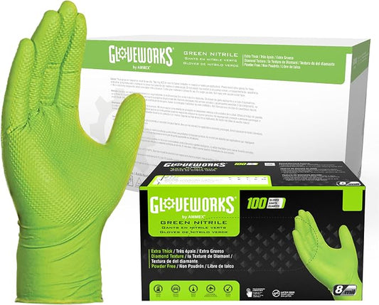 GLOVEWORKS Green Nitrile Gloves 8 Mil Heavy Duty Texture Chemical Resistant | Mechanic and Cleaning Gloves, Suitable for Heavy Duty Industrial Use, Chemical Resistant, HIgh-Visibility Color, Bulk Options
